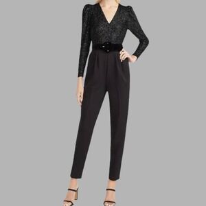 Express Women Express Black Metallic Leopard Long Sleeve Jumpsuit Sz 14 V-Neck